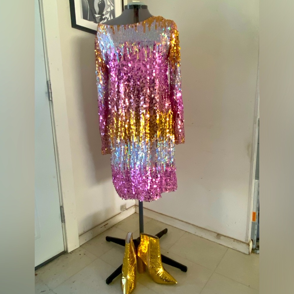 SOLD: Pink, Gold, Silver gradient/ombré sequined long sleeve cocktail dress
